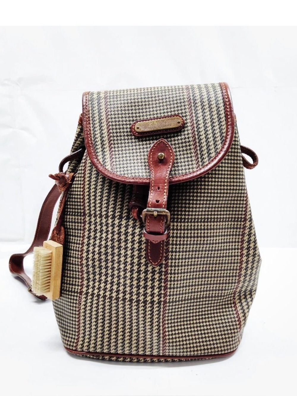 Vintage 1990s Polo Ralph Lauren Plaid Houndstooth Leather Rucksack Backpack